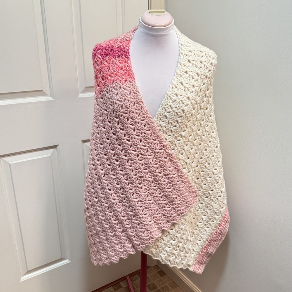 Handmade Crocheted Prayer Shawl Ministry Lap Blanket Pink & Cream 60" x 20" NEW